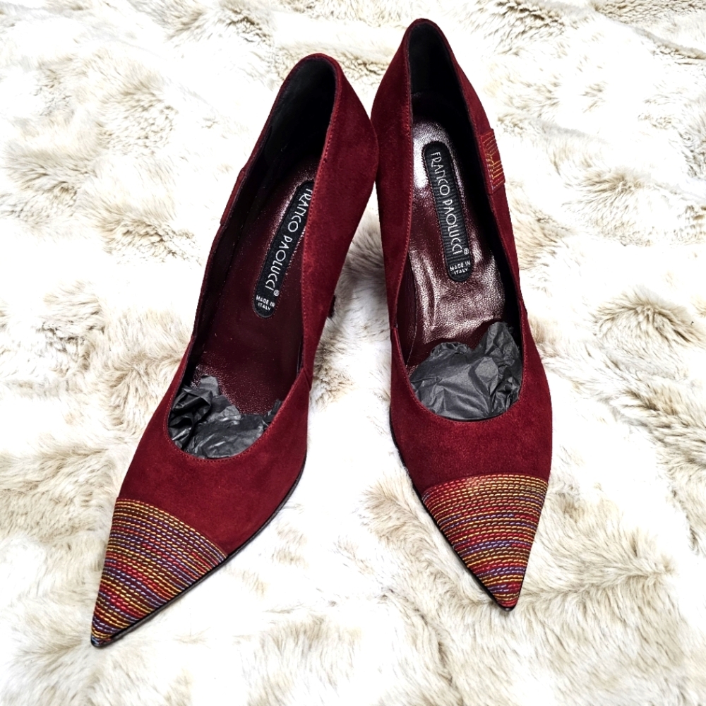 NIB Franco Paolucci pointed toe suede wine/multi-colored square heel Sz 39‎